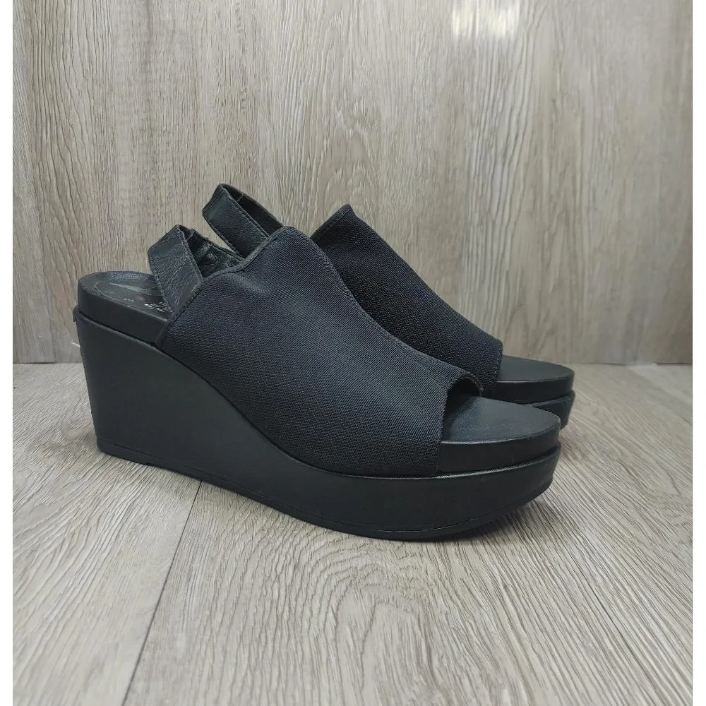 Eileen‎ Fisher Sandal Platform Comfort Stretch Port Open Toe Wedge 6 black